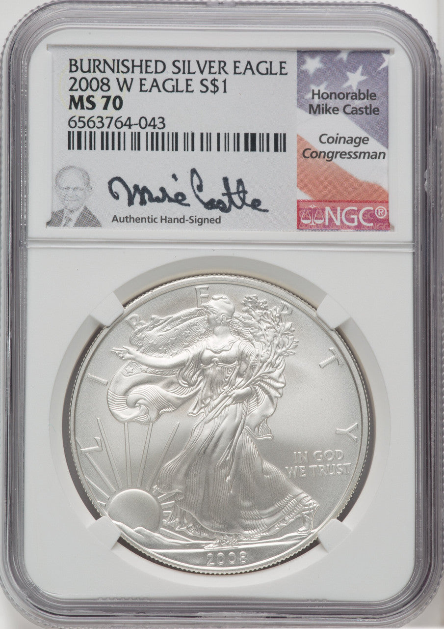 2008-W S$1 Silver Eagle Burnished Mike Castle Signature NGC MS70