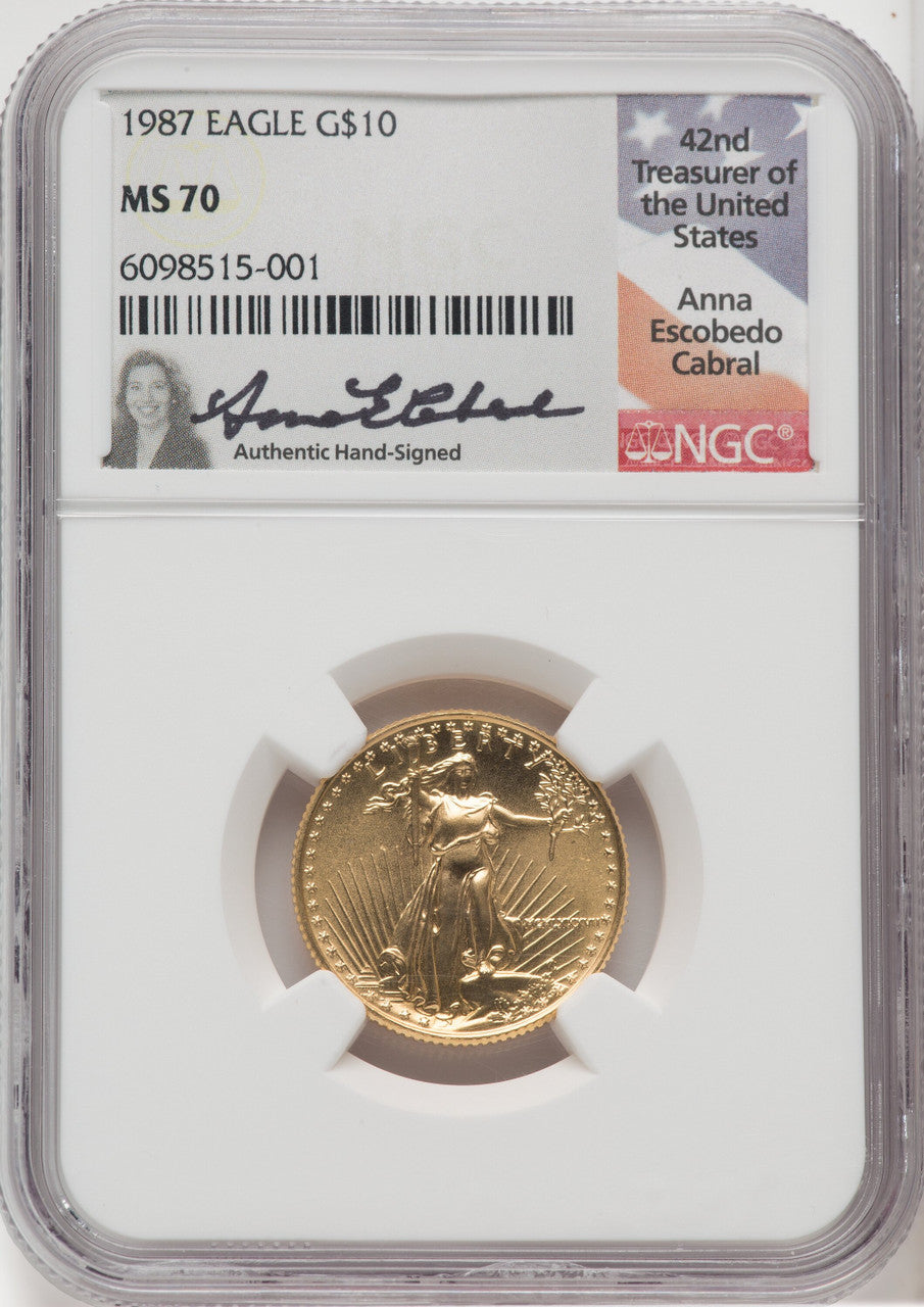 1987 $10 Quarter-Ounce Gold Eagle NGC MS70 Anna Carbral Signed