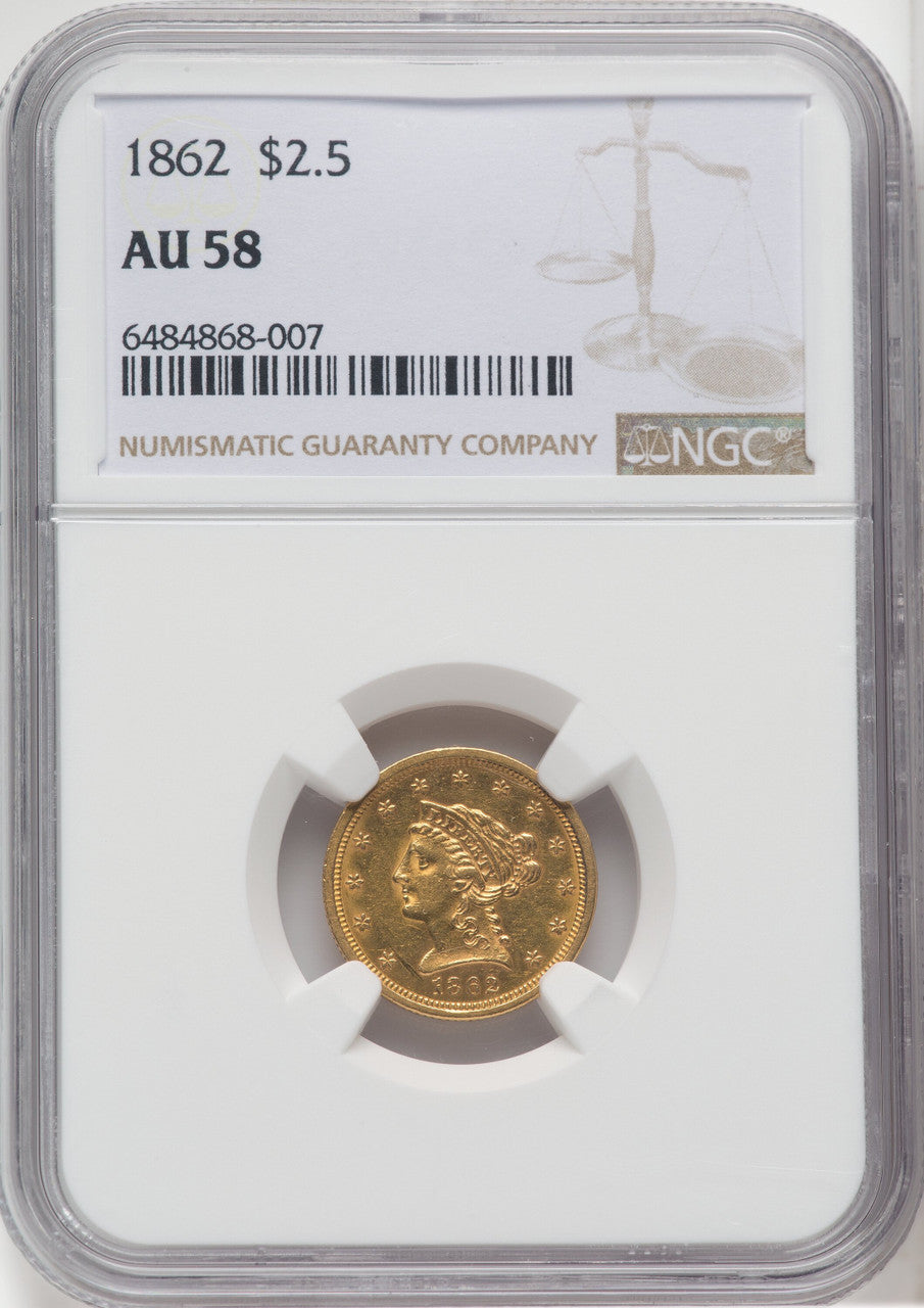 1862 $2.50 Liberty Quarter Eagle NGC AU58