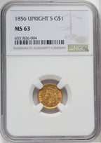 1856 G$1 Upright 5 Gold Dollar NGC MS63