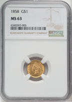 1858 G$1 Gold Dollar NGC MS63