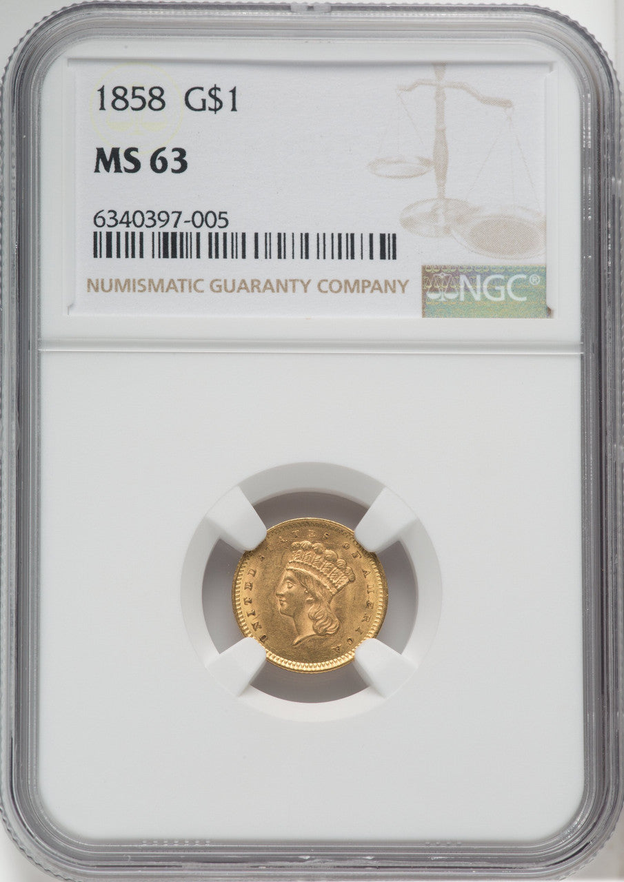 1858 G$1 Gold Dollar NGC MS63