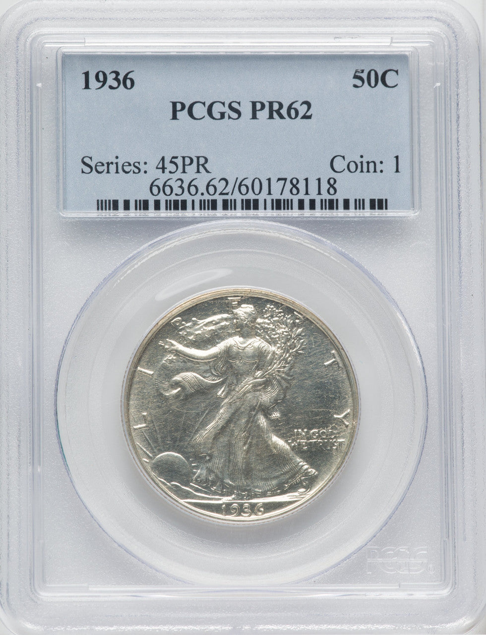 1936 50C Proof Walking Liberty Half Dollar PCGS PR62