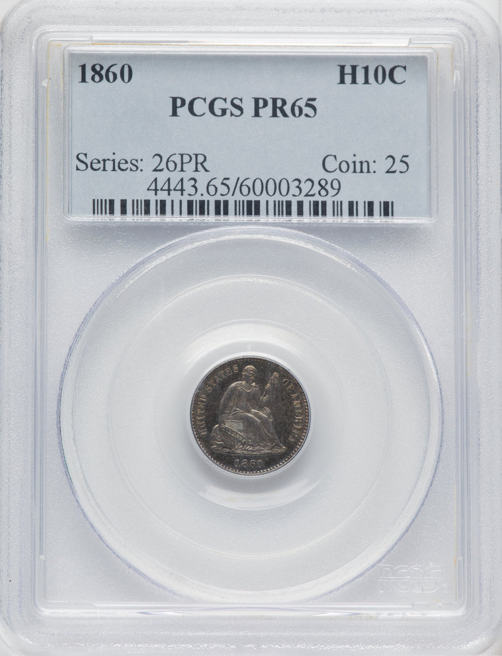 1860 H10C Proof Seated Half Dime PCGS PR65