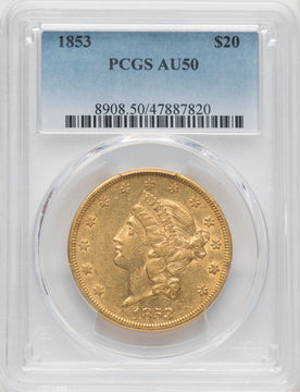 1853 $20 Liberty Double Eagle PCGS AU50