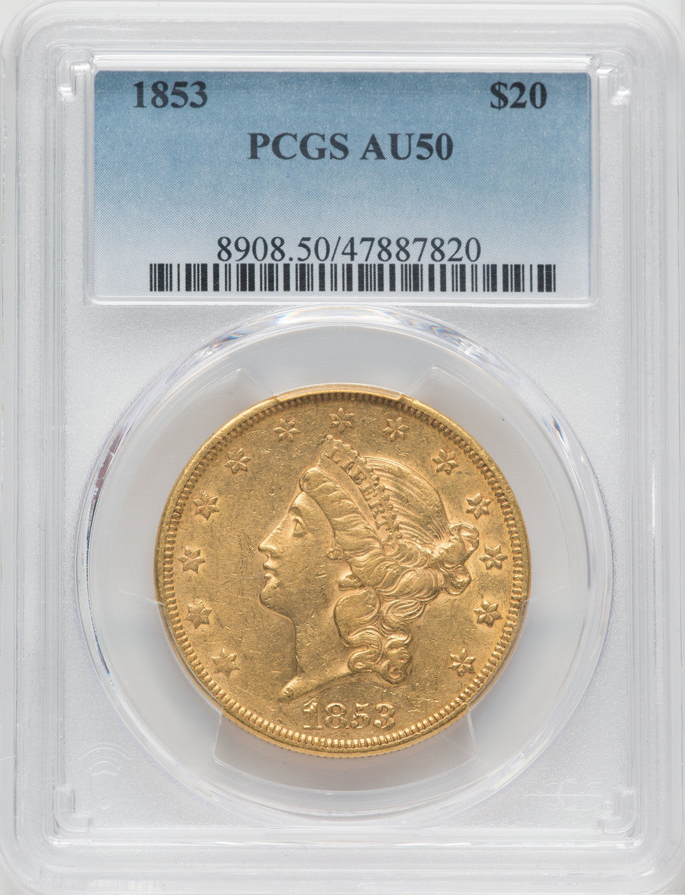 1853 $20 Liberty Double Eagle PCGS AU50