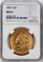1853 $20 Liberty Double Eagle NGC MS61