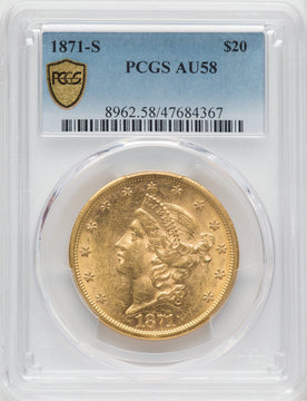1871-S $20 Liberty Double Eagle PCGS AU58