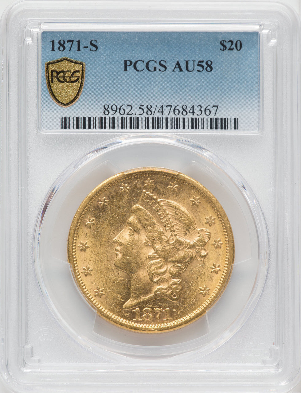 1871-S $20 Liberty Double Eagle PCGS AU58