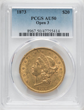 1873 $20 OPEN 3 Liberty Double Eagle PCGS AU50
