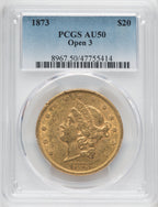 1873 $20 OPEN 3 Liberty Double Eagle PCGS AU50