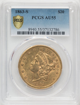 1863-S $20 Liberty Double Eagle PCGS AU55