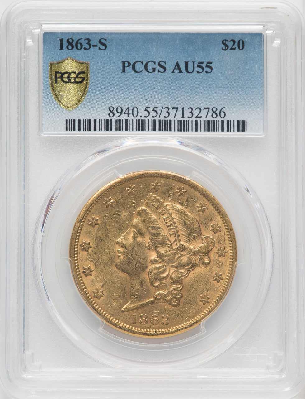 1863-S $20 Liberty Double Eagle PCGS AU55