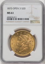 1873 $20 OPEN 3 Liberty Double Eagle NGC MS61 (765744003)
