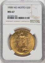 1908 $20 NO MOTTO Saint-Gaudens Double Eagle NGC MS67 (758091175)