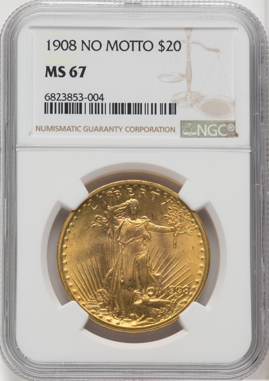 1908 $20 NO MOTTO Saint-Gaudens Double Eagle NGC MS67 (758091175)