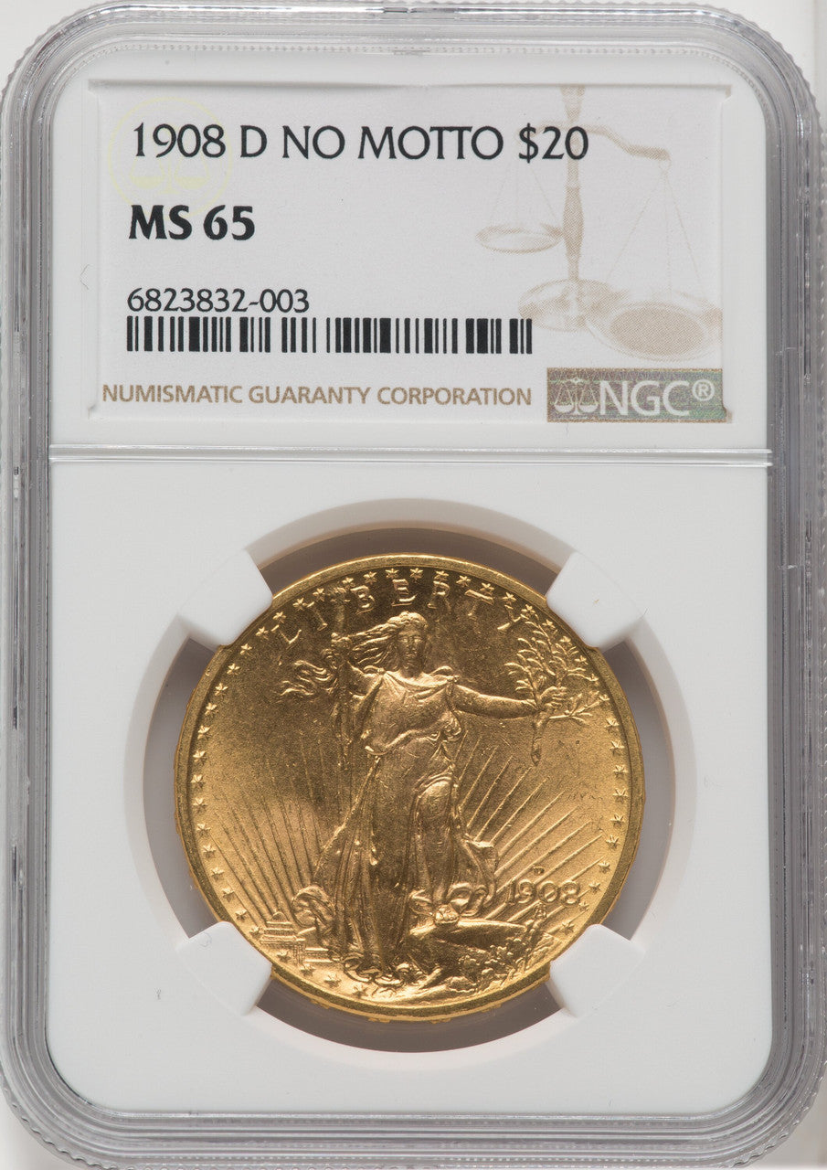 1908-D $20 NO MOTTO Saint-Gaudens Double Eagle NGC MS65 (517606006)