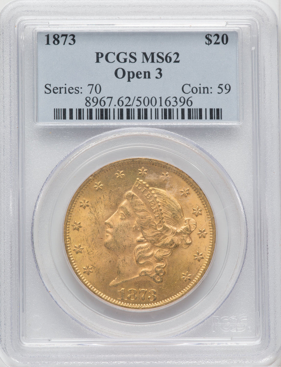 1873 $20 OPEN 3 Liberty Double Eagle PCGS MS62 (765453002)