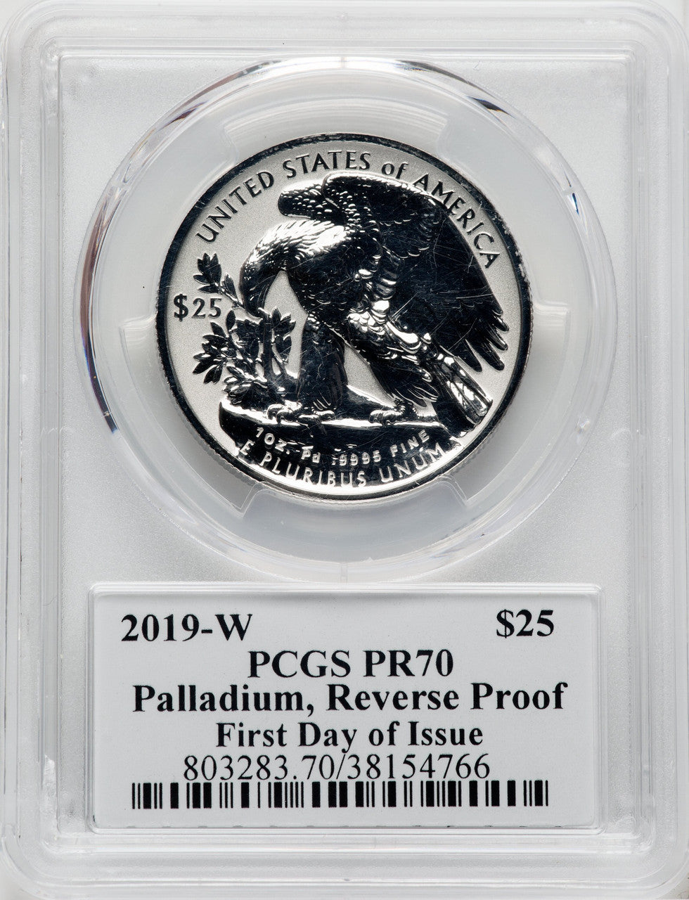 2019-W $25 Palladium Reverse Proof First Day of Issue Gary Whitley Signature PCGS PR70