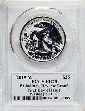 2019-W $25 Palladium Reverse Proof First Day of Issue Washington Jim Licaretz PCGS PR70