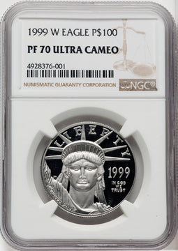 1999-W $100 One-Ounce Platinum Eagle Statue of Liberty Brown Label NGC PF70