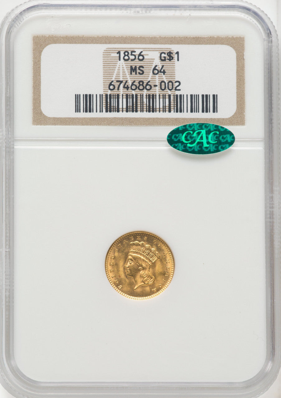 1856 G$1 Slanted 5 CAC Gold Dollar NGC MS64
