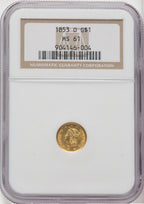 1853-O G$1 Gold Dollar NGC MS61