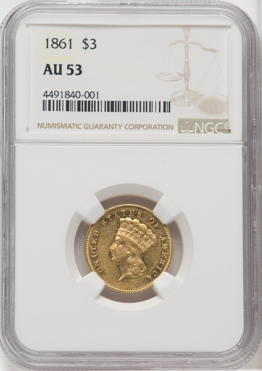1861 $3 Three Dollar Gold Pieces NGC AU53