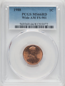 1988 1C Wide AM FS-901 RD Lincoln Cent PCGS MS66