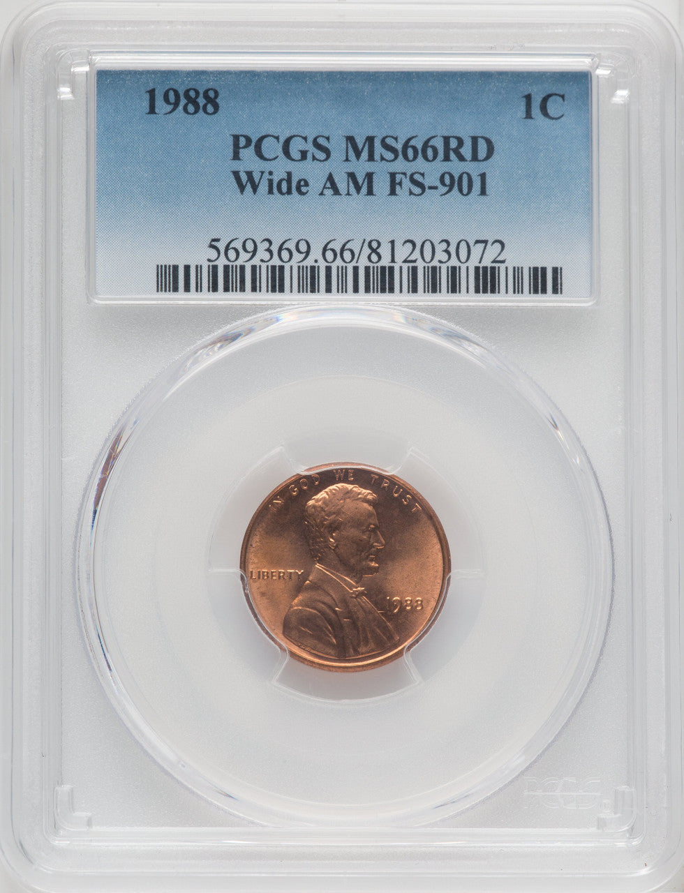 1988 1C Wide AM FS-901 RD Lincoln Cent PCGS MS66