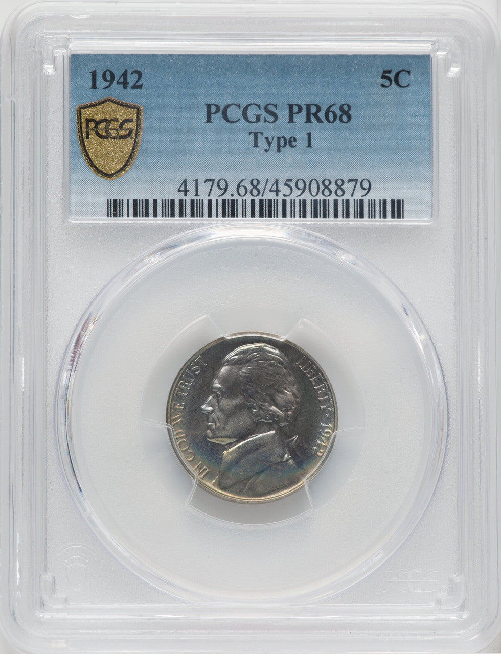 1942 5C TYPE 1 Proof Jefferson Nickel PCGS PR68