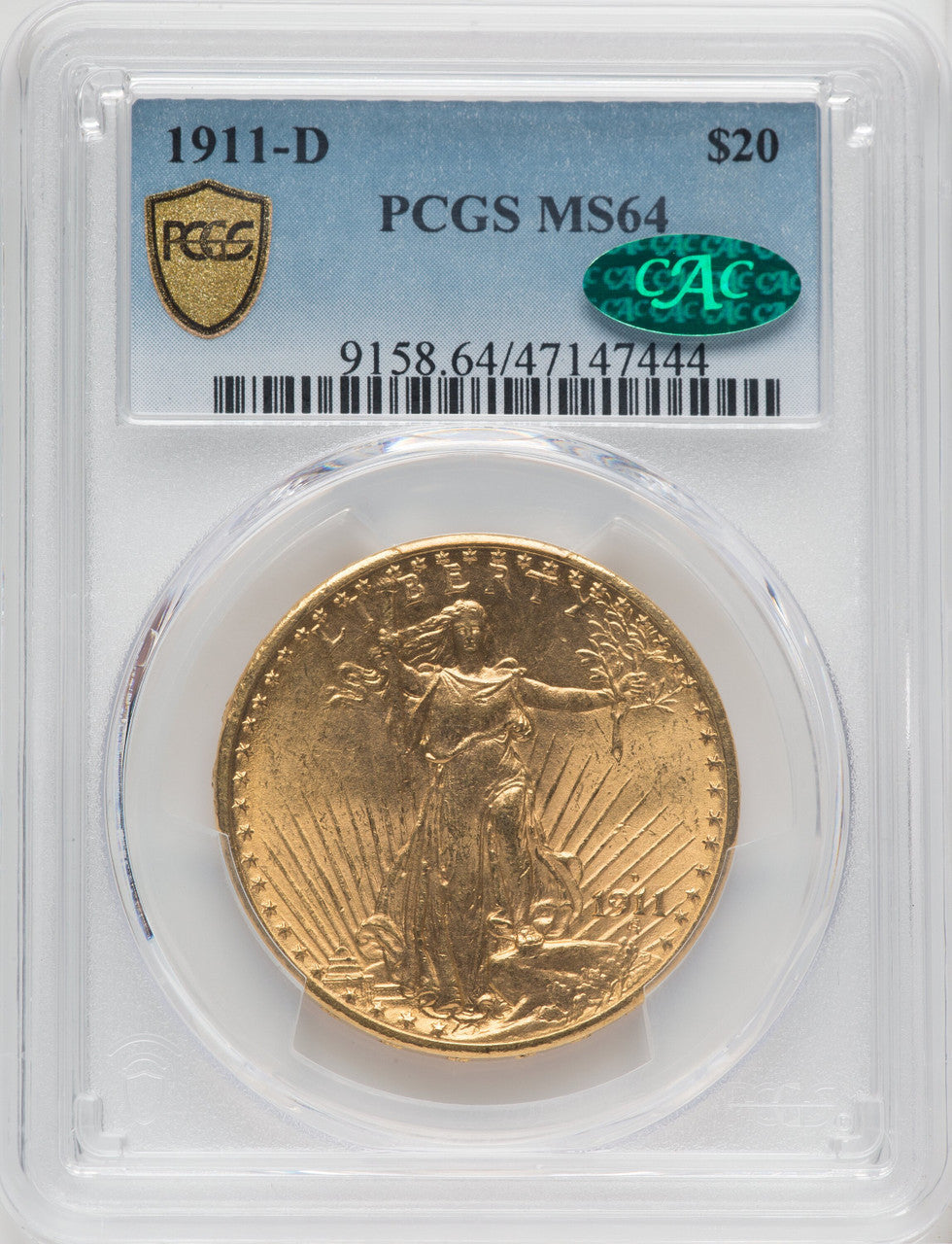 1911-D $20 CAC Saint-Gaudens Double Eagle PCGS MS64