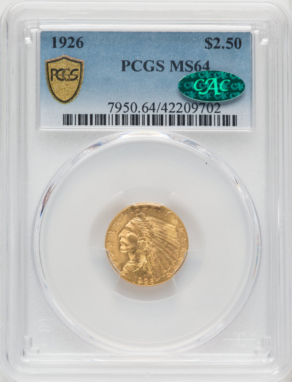 1926 $2.50 CAC Indian Quarter Eagle PCGS MS64