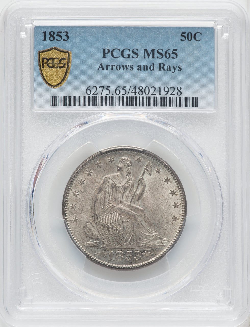 1853 50C Arrow and Rays Seated Half Dollar PCGS MS65