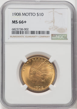 1908 $10 MOTTO Indian Eagle NGC MS66+