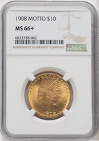 1908 $10 MOTTO Indian Eagle NGC MS66+