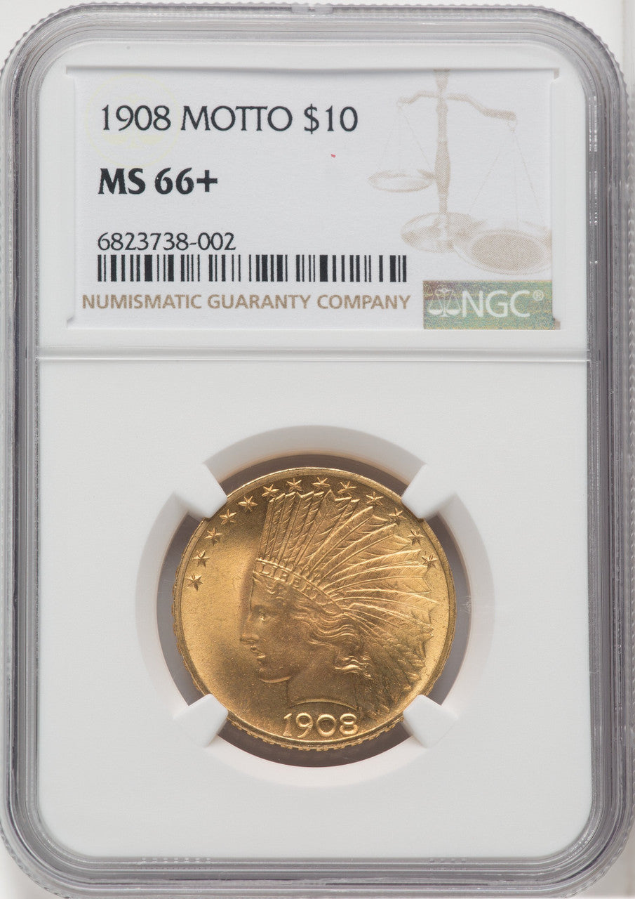 1908 $10 MOTTO Indian Eagle NGC MS66+