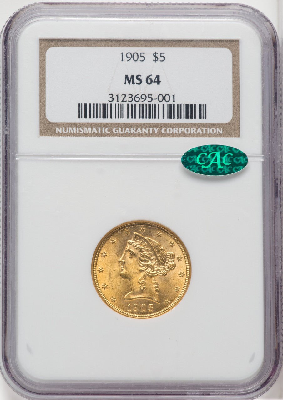 1905 $5 CAC Liberty Half Eagle NGC MS64