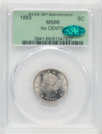1883 5C NO CENTS CAC Liberty Nickel PCGS MS66