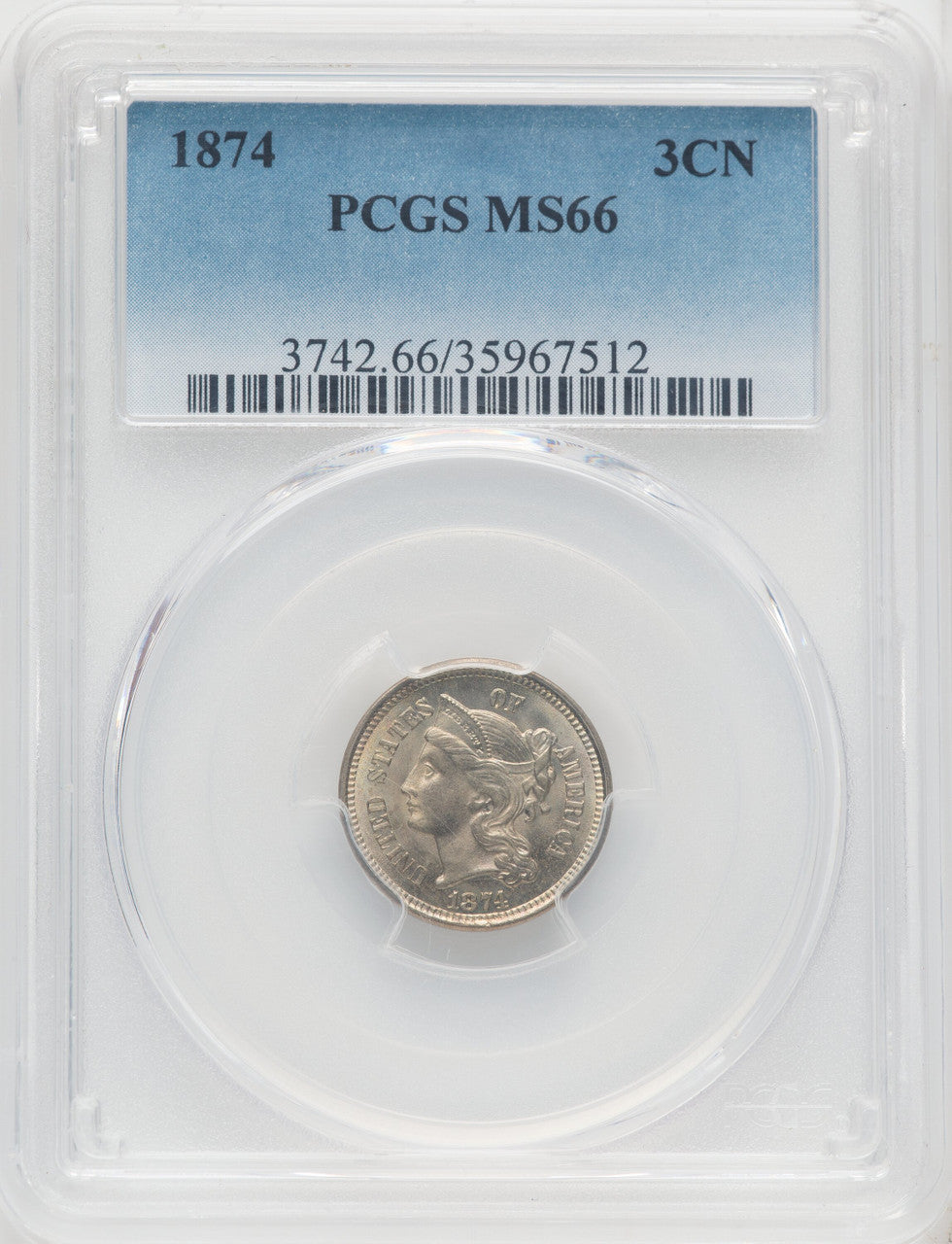 1874 3CN Three Cent Nickel PCGS MS66