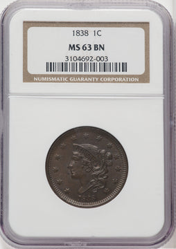 1838 1C BN Large Cent NGC MS63
