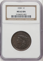1838 1C BN Large Cent NGC MS63