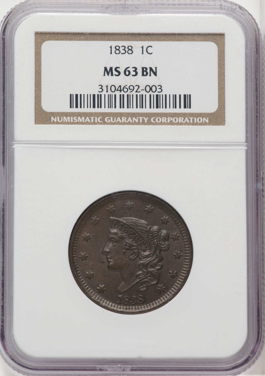 1838 1C BN Large Cent NGC MS63