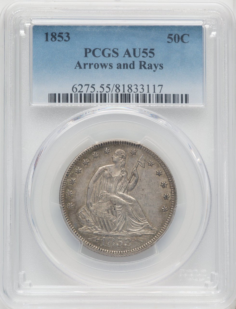 1853 50C Arrow and Rays Seated Half Dollar PCGS AU55