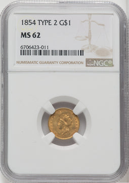 1854 G$1 Type Two Gold Dollar NGC MS62