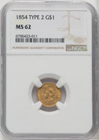 1854 G$1 Type Two Gold Dollar NGC MS62