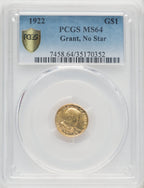 1922 G$1 Grant No Star Commemorative Gold PCGS MS64