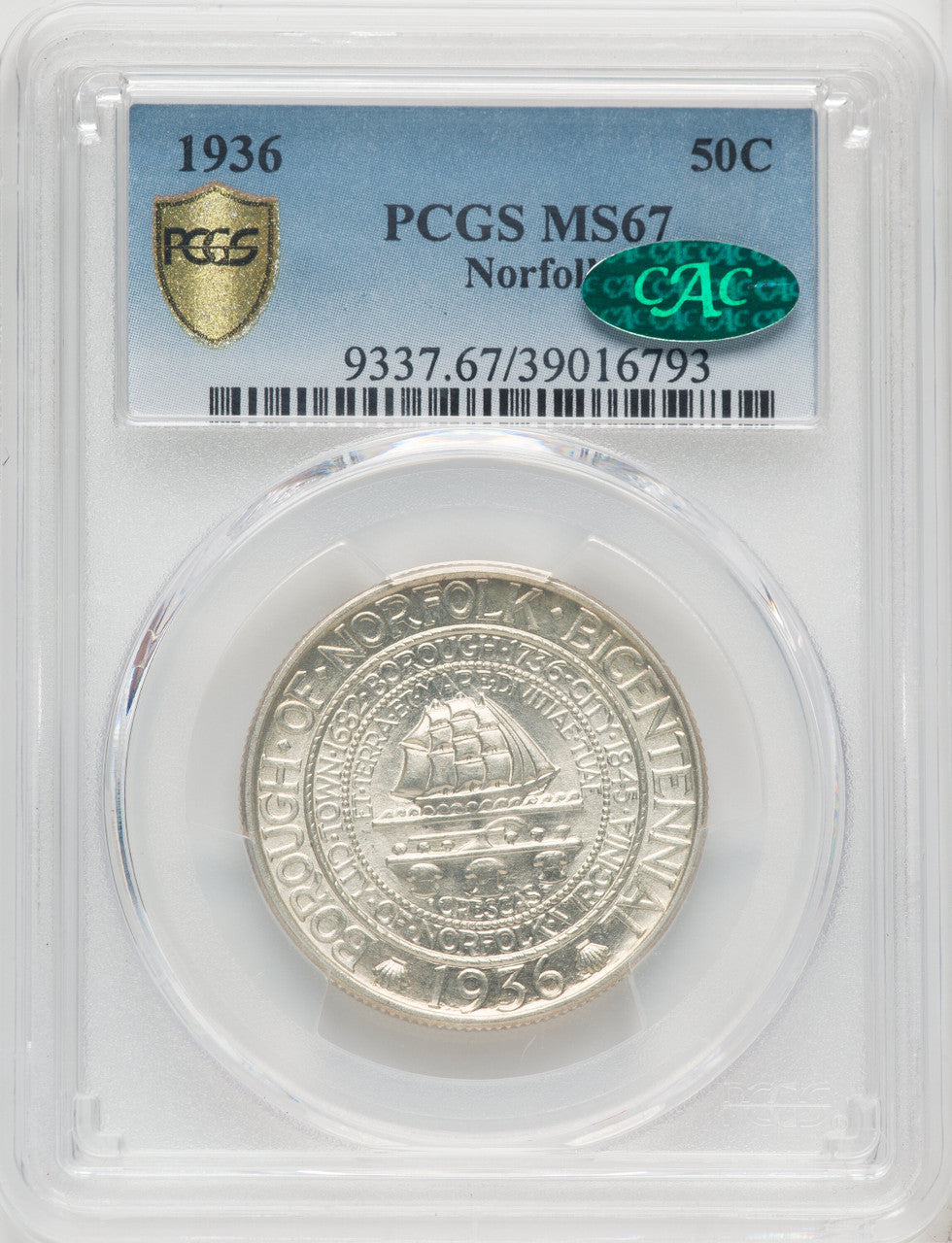 1936 50C Norfolk CAC Commemorative Silver PCGS MS67