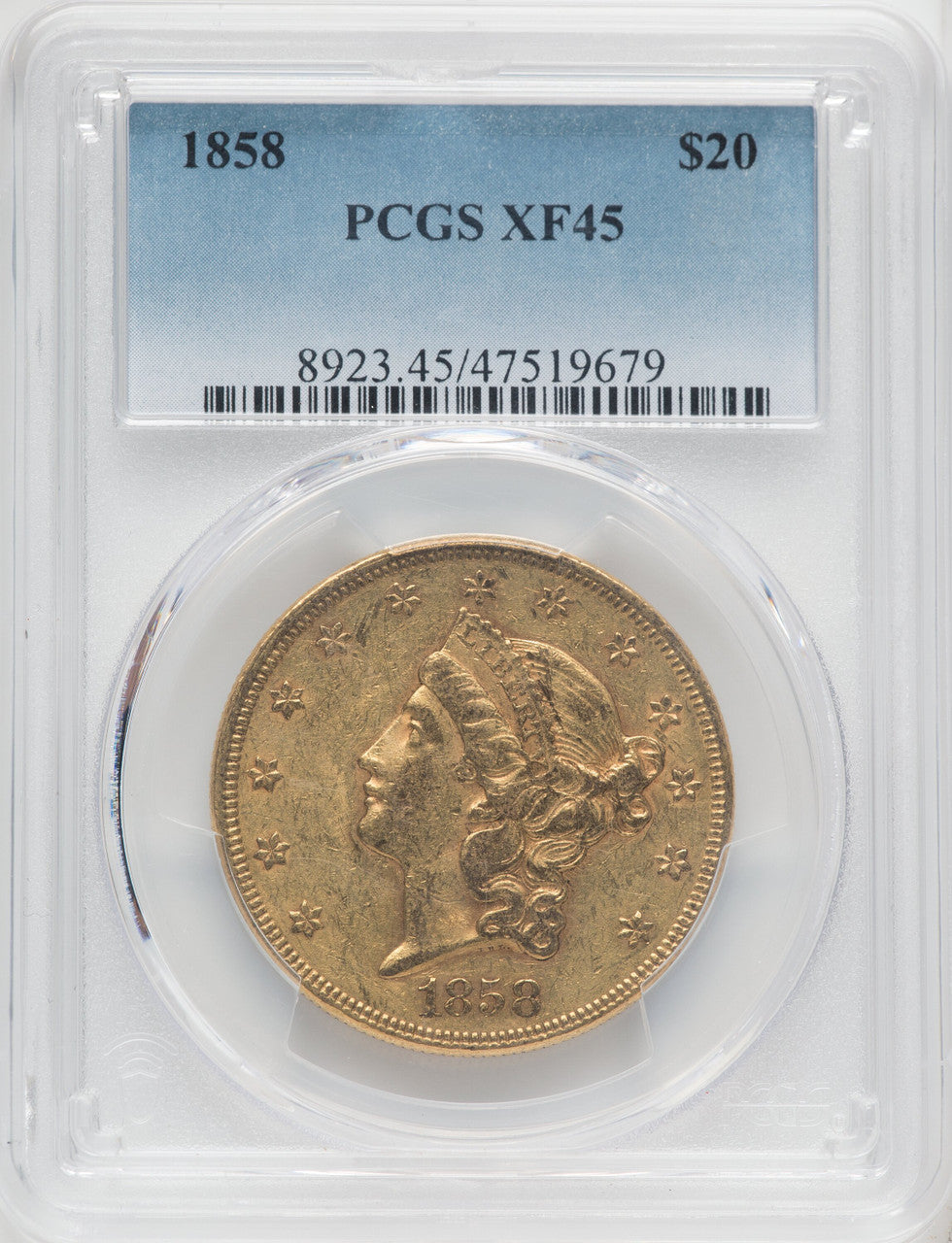 1858 $20 Liberty Double Eagle PCGS XF45