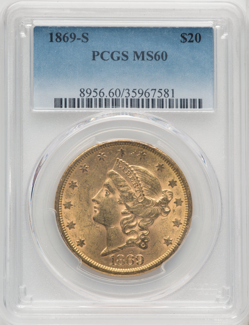 1869-S $20 Liberty Double Eagle PCGS MS60